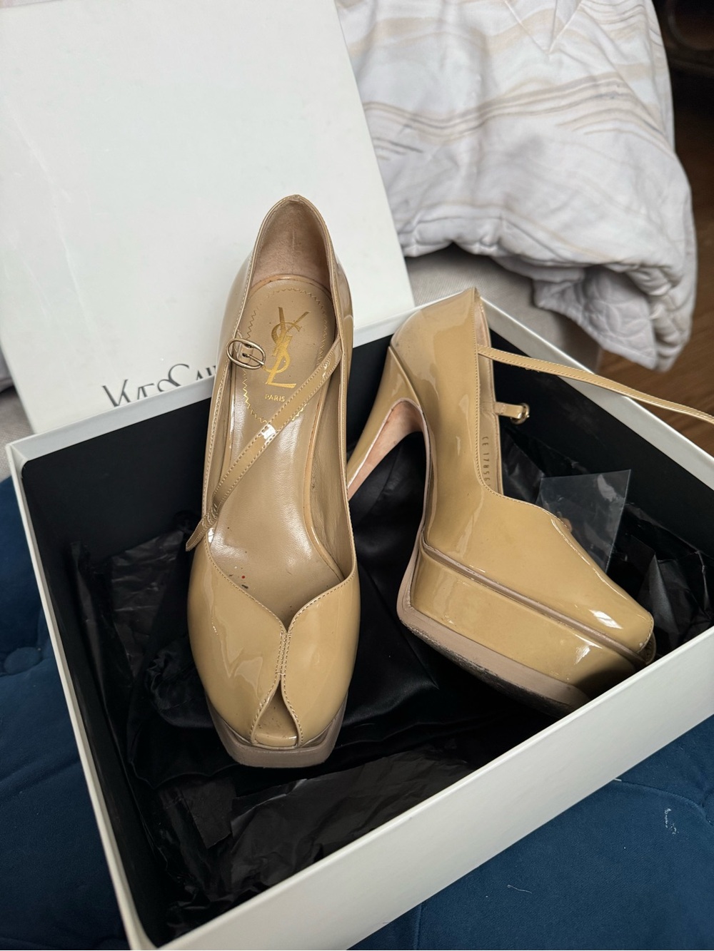 Yves Saint Laurent Beige Patent Leather Peep-Toe Platform Pumps